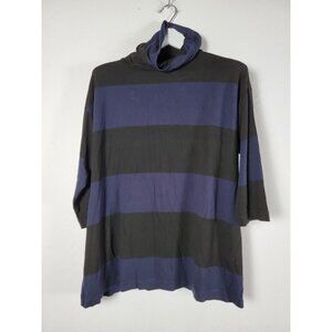 Ritva Falla Womens Medium Black/Blue Striped Turtleneck Top 3/4 Sleeve Casual